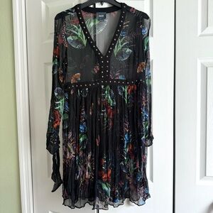 Anthropologie Maeve Multicolor Floral Sheer Boho Chiffon Long-Sleeve Dress Tunic